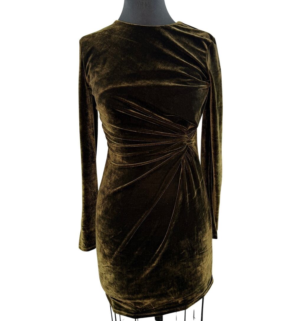H&M Olive Green Mini Dress Velour Velvet Knit Twist Detail Party M Medium NEW